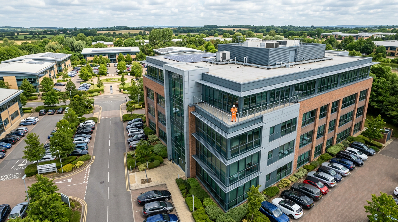 Commercial property survey being conducted in Hertfordshire business park by surveyor