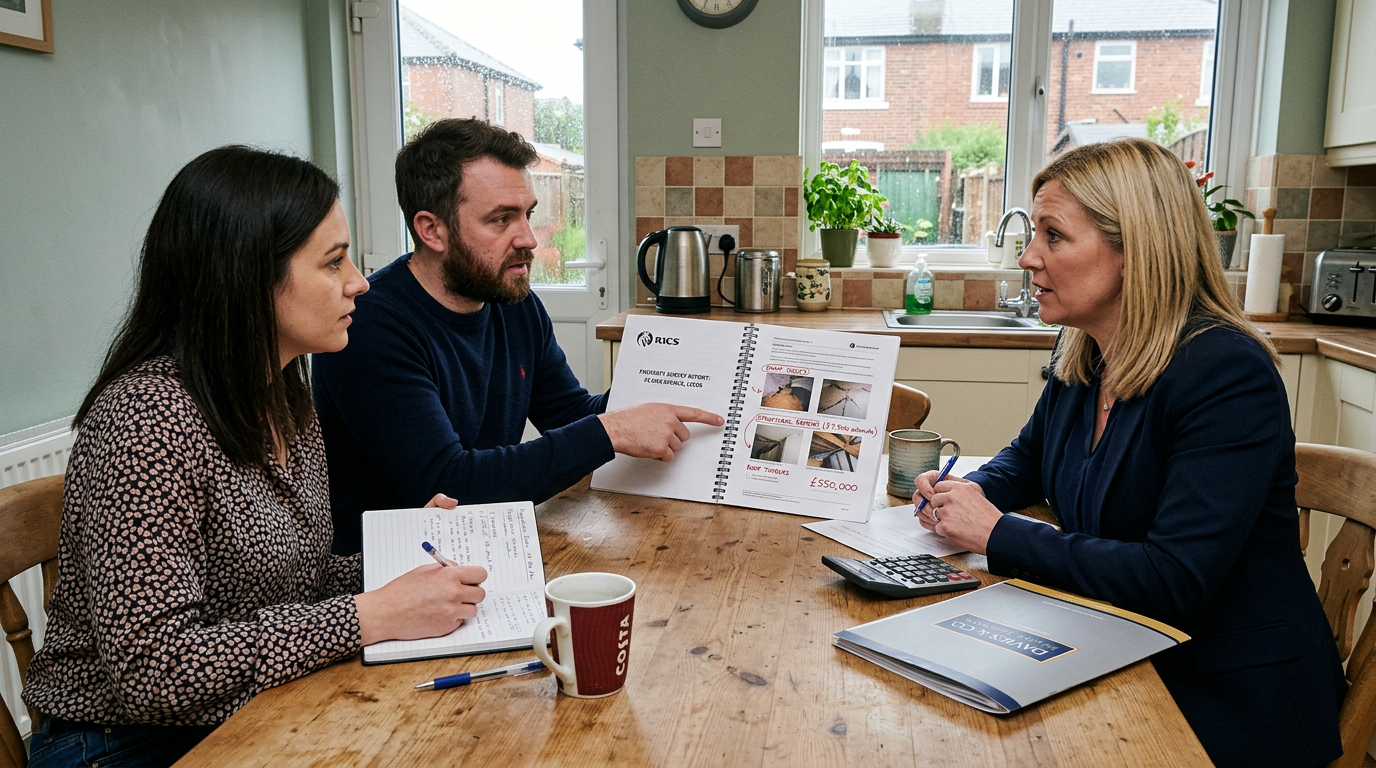 Homebuyer negotiating property price with estate agent after receiving building survey report