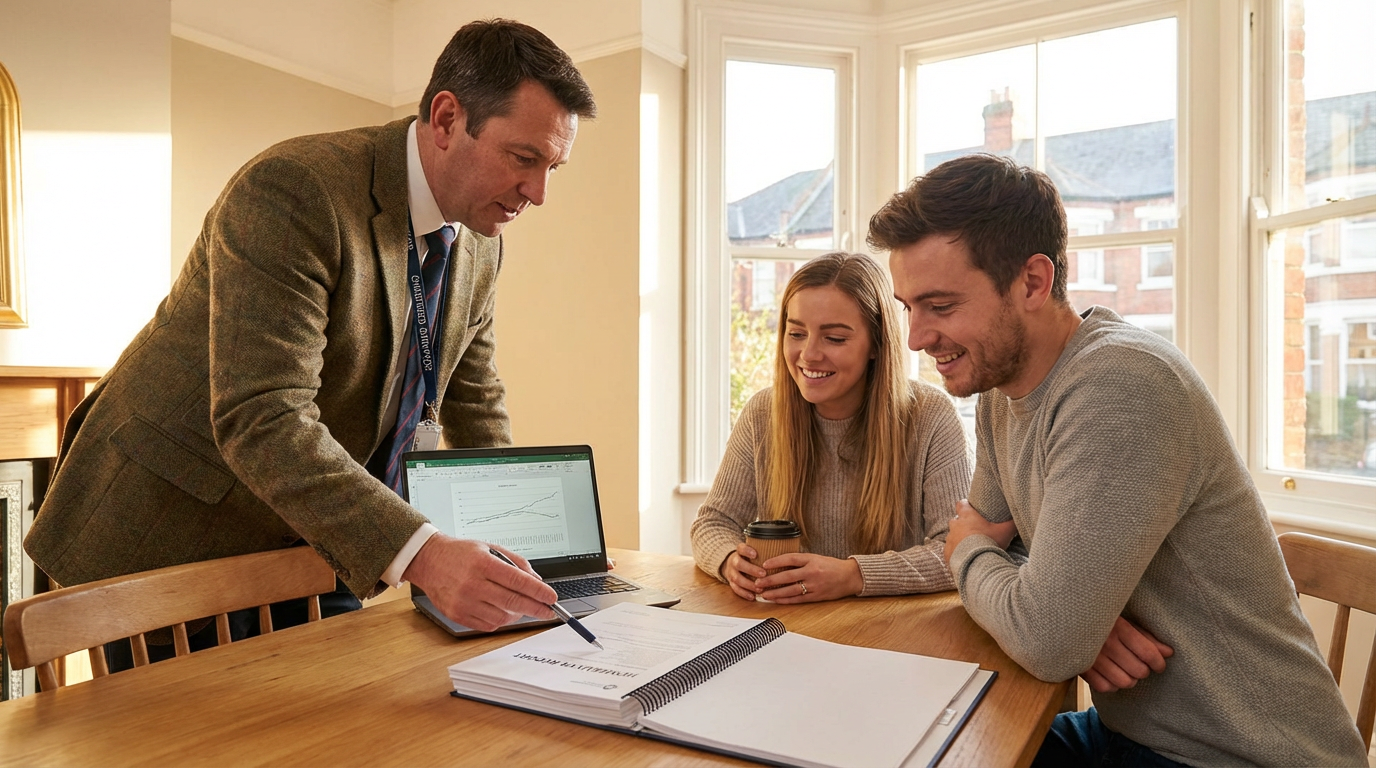 Surveyor from Watford Surveyors presenting detailed property report to homebuyer couple